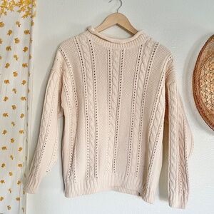 Vintage 90s Lizwear Cable Knit Sweater Cream Cotton Made in USA Petite M